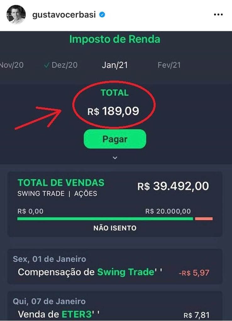 Post de Gustavo Cerbasi no Instagram indicando o app Grana para ajuda no Imposto de Renda de ações.