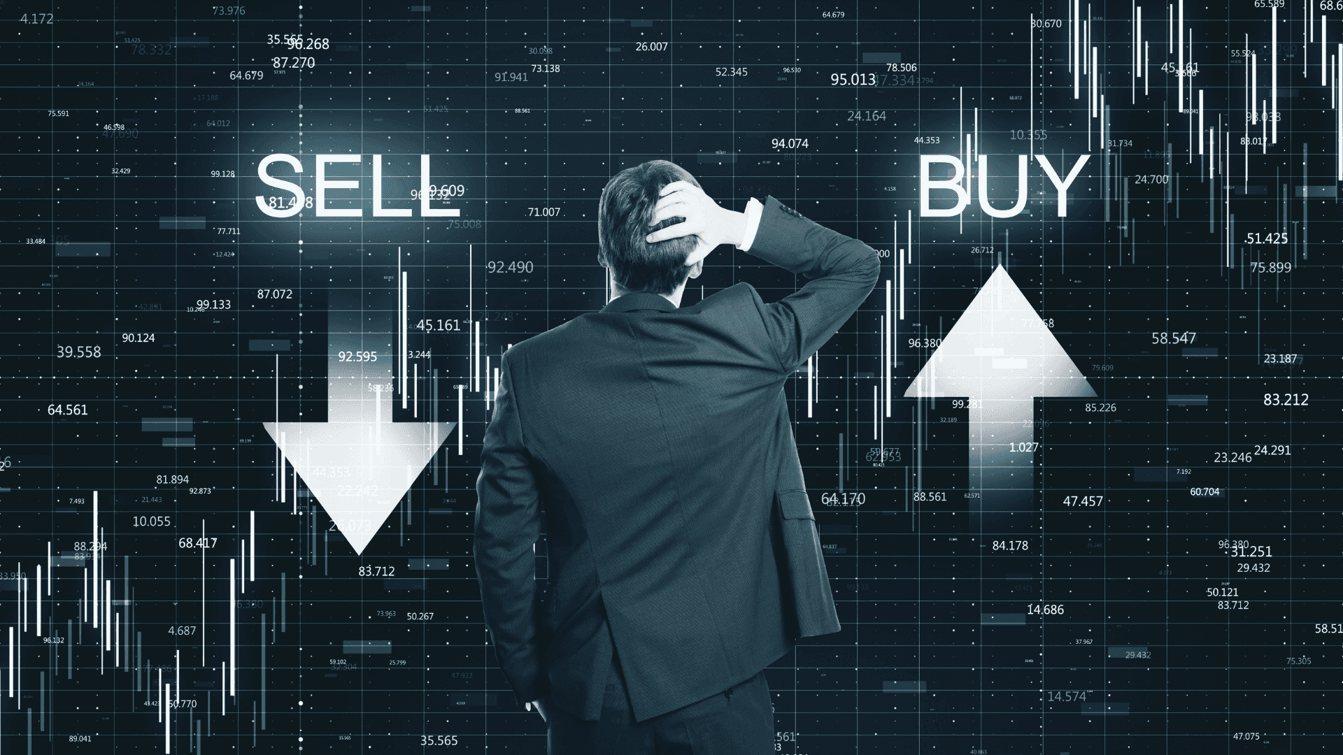 Para todos verem: Homem de costas, usando terno, observa setas para cima e para baixo representando compra e venda na Bolsa