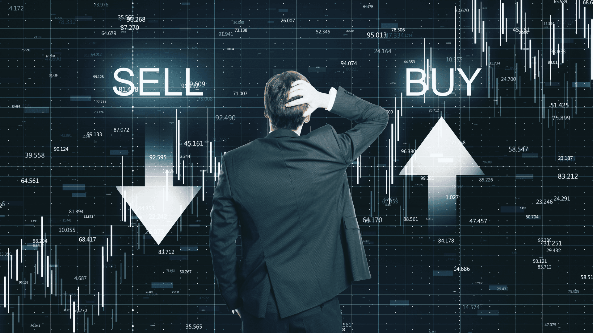 Para todos verem: Homem de costas, usando terno, observa setas para cima e para baixo representando compra e venda na Bolsa