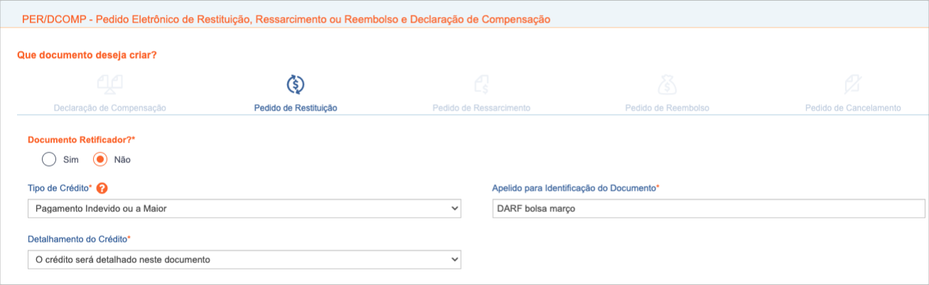 Tela Identificar Documento do PER/DCOMP Web, com Pedido de Restituição, Pagamento Indevido ou a Maior e o apelido DARF bolsa março