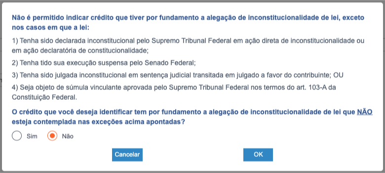 Pergunta sobre inconstitucionalidade de lei, com a opção Não marcada