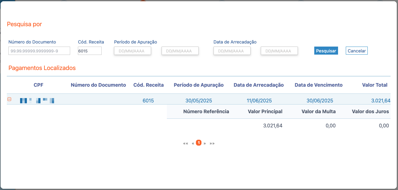 Pesquisa de pagamento pelo código de receita 6015, com o DARF localizado na lista de pagamentos