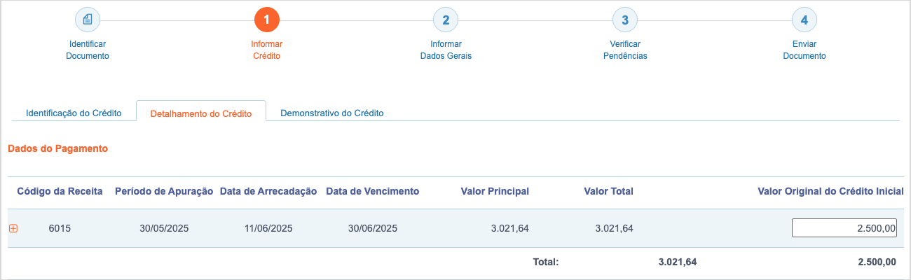 Aba Detalhamento do Crédito, com o valor pago a mais no campo Valor Original do Crédito Inicial