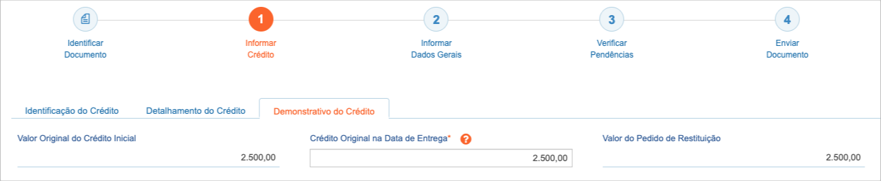 Aba Demonstrativo do Crédito, com o mesmo valor em Crédito Original na Data de Entrega e no Valor do Pedido de Restituição